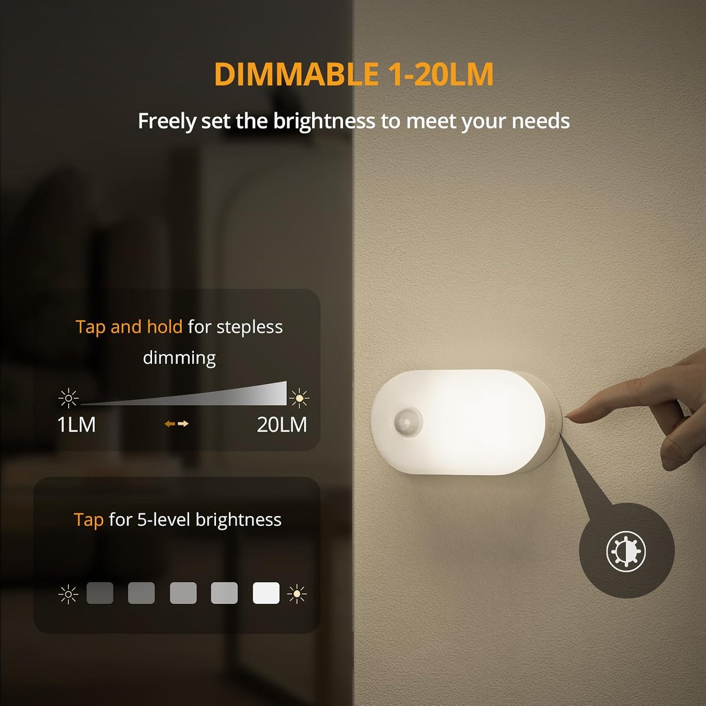 Lyridz Rechargeable Night Light with Motion Sensor, Dimmable Amber Nightlights for Bathroom, Bedroom, Kids Room, Hallway, Stairs, Pet House, 2 Pack
