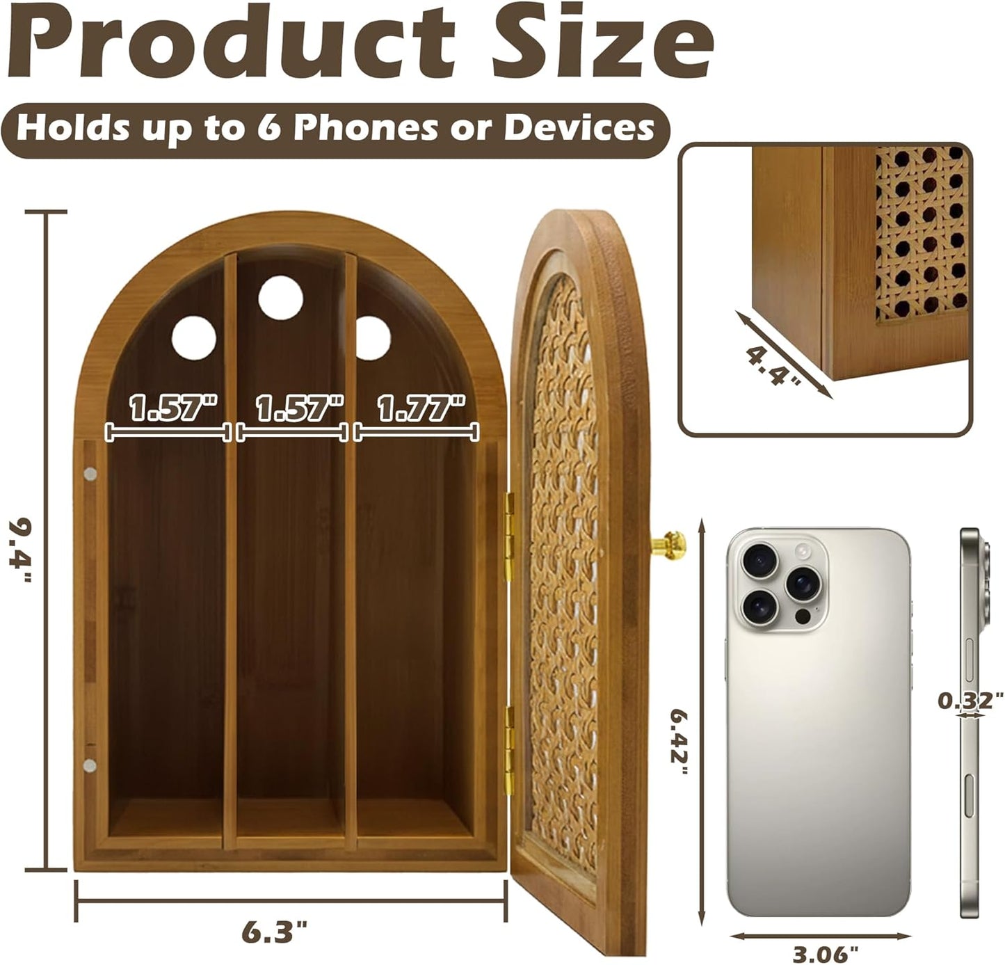 Bamboo Phone Box, Premium Cell Phone Box for Family Time, Cell Phone Jail with Charging Holes,Phone Lock Box Holds 6 Phones (Walnut)