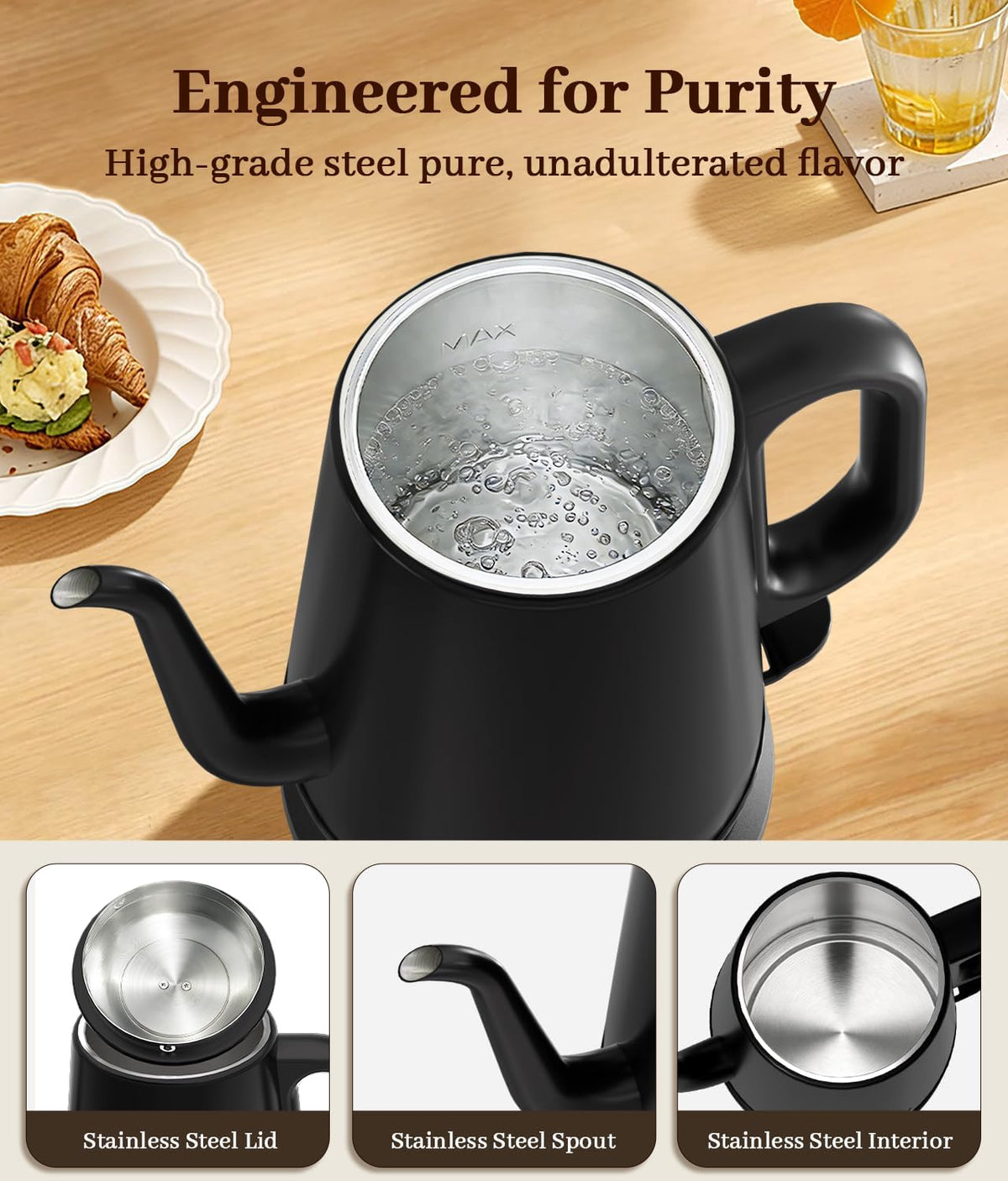 Gooseneck Electric Kettle 1L, 1000W, Pour-Over Coffee & Tea