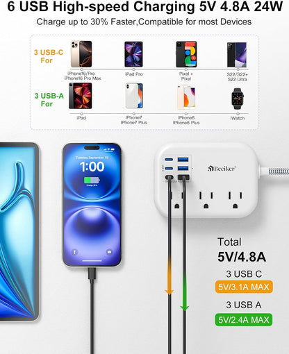 6 USB(3 USB C) Power Strip- Travel Power Strip with 6 USB Desktop Charging Station 24W/4.8A and 3 Outlets, 5Ft Flat Plug Braided Extension Cord, Non Surge Protector for Cruise Ship Travel Office Dorm