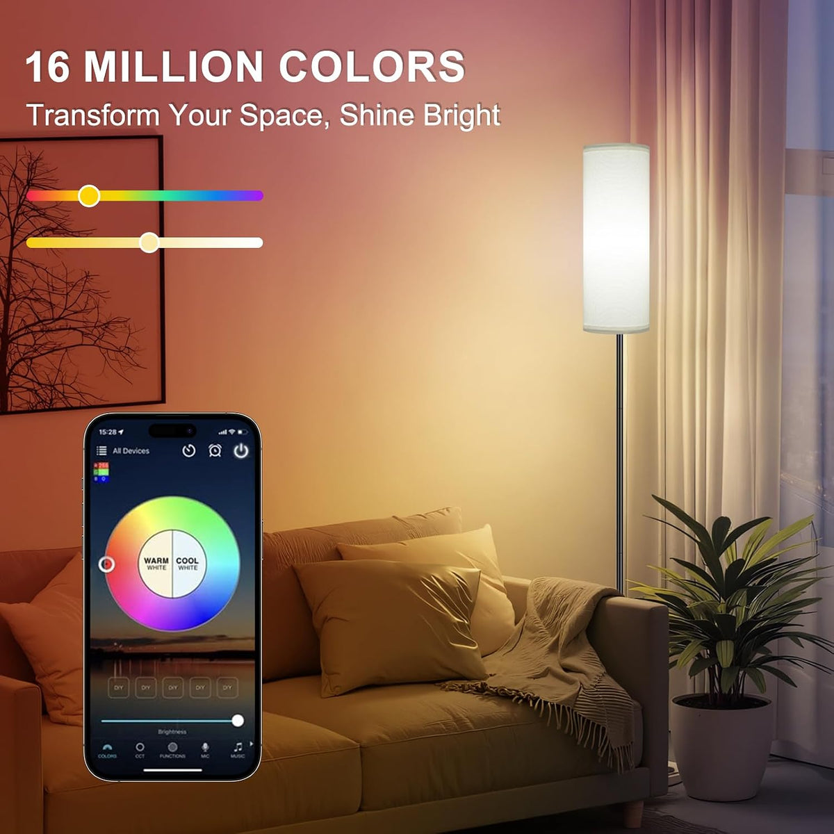 FRIDEKO HOME Floor Lamp, 9W 800LM Color Changing Smart Bulb, Beige Shade