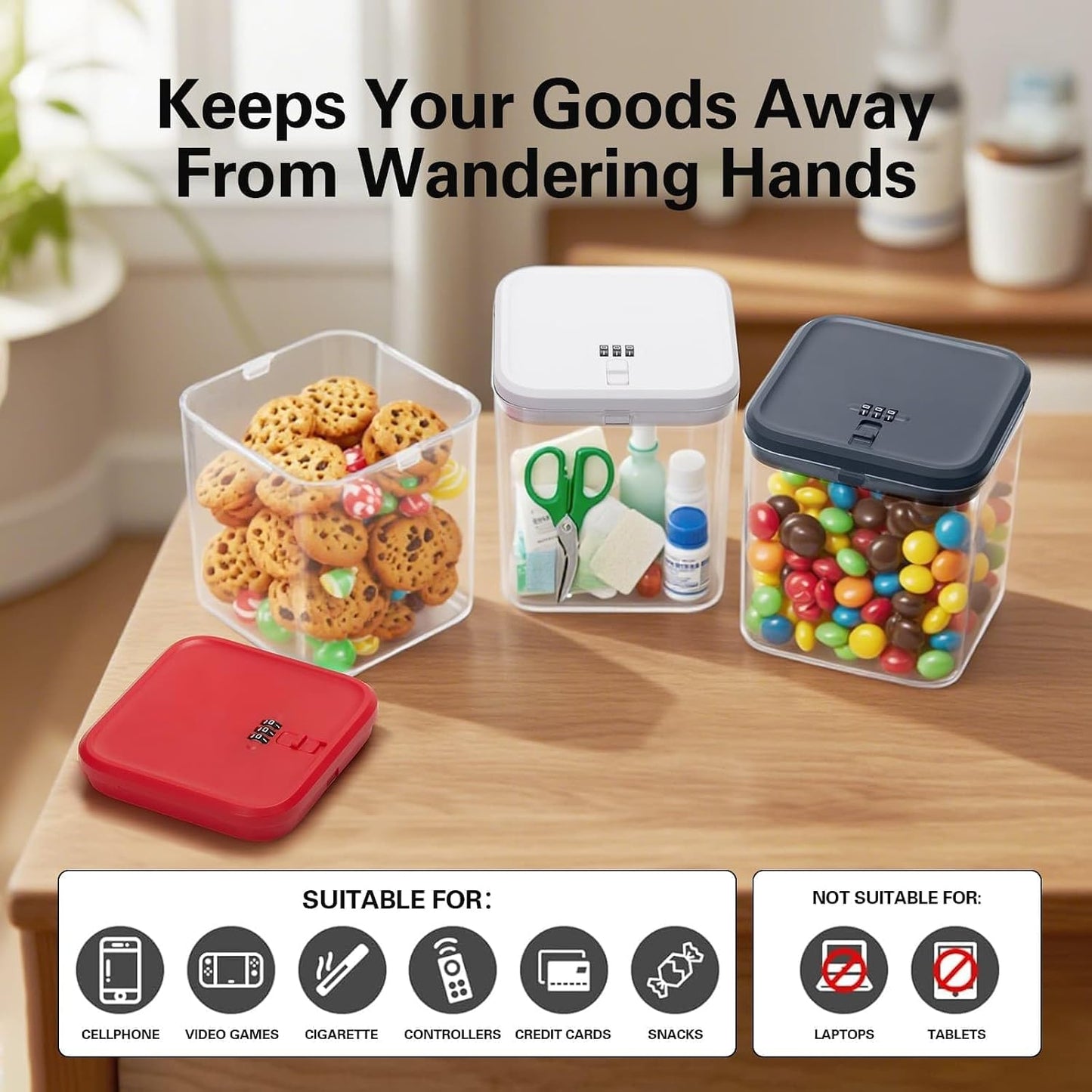 2 Pack Large Medication Lock Box with Code, Clear Lockable Storage Box for Refrigerator, Cabinet & Dorm, Stackable Medicine Box for Prescriptions, Snacks, Phone, 11.9" x 9.3" x 7.6", Black
