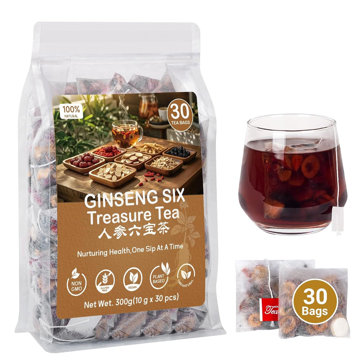 Ginseng Ten Treasures Kidney Tea,Traditional Chinese Herbal TeaBags, Natural Kidney Cleanse Detox Tea for Women & Men, 10 Precious Ingredients Formula(1 Pack/25 Bags)