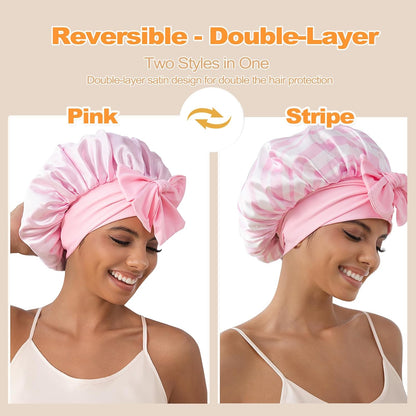 GDTOGRT Satin Silk Bonnet for Sleeping Women - Double Layer Sleep Hair Bonnets Caps for Curly Braid Hair with Tie Band