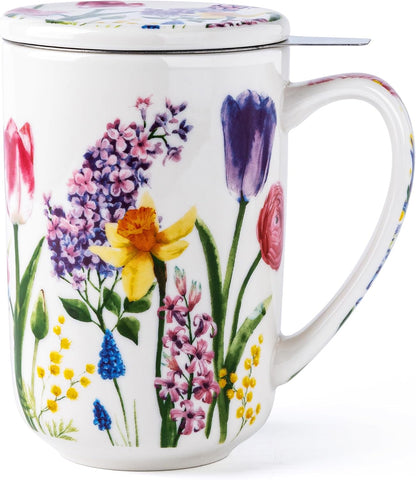 GBhome Tea Mug with Infuser and Lid, 18 Ounce Large Ceramic Loose Leaf Cup, Microwave, Dishwasher Safe, Perfect for Tea Lovers