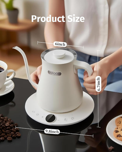 INFOOD 0.8L Gooseneck Electric Kettle, Precise Temperature Control for Pour Over Coffee & Tea, 1200W Fast Boiling Water, Auto Shut Off, Scheduling, Stainless Steel, Floral Painted Design