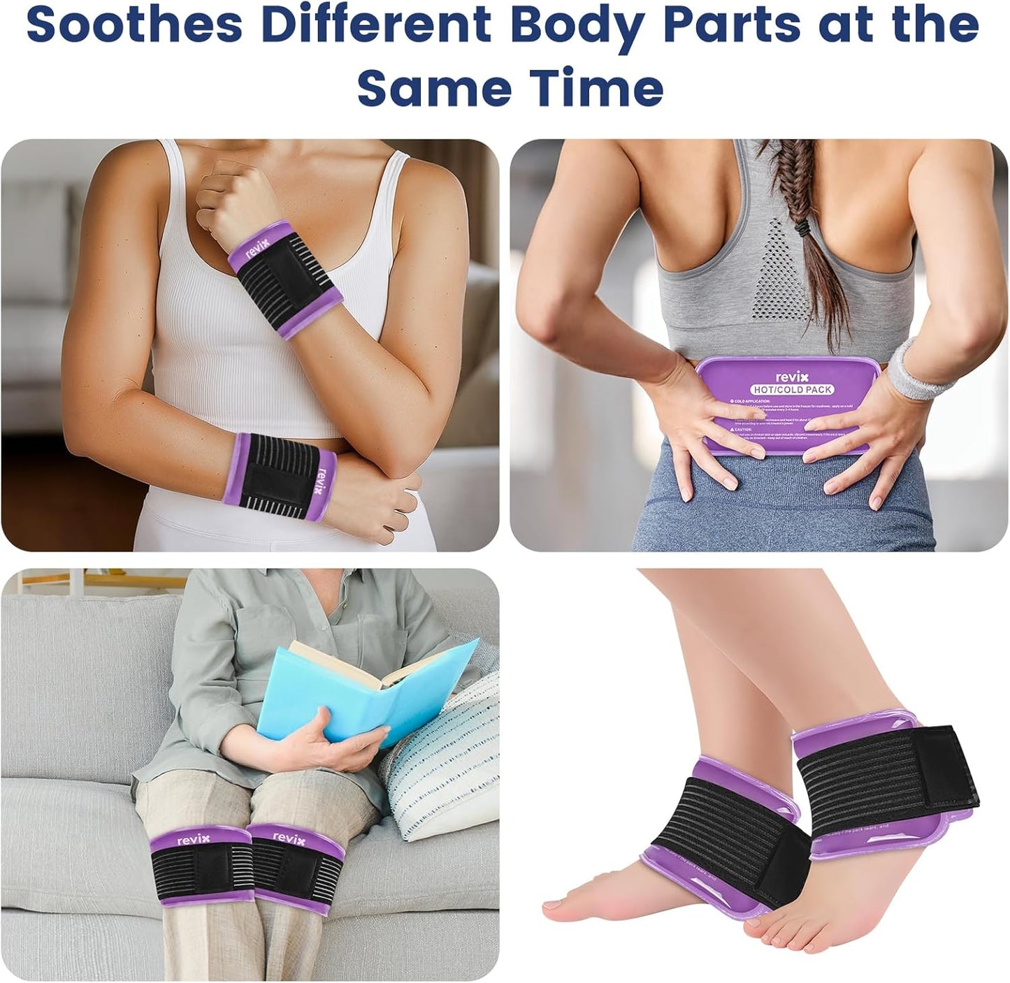 REVIX Ice Packs for Injuries Reusable, 2 Packs Hot & Cold Gel Ice Packs with PVC Cooling Design & Adjustable Strap, Flexible Therapy on Joints, Muscles, Shoulder, Back and Knee (10" x 5" Blue)