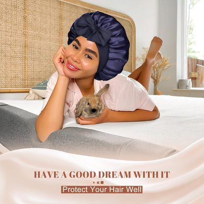 Satin Bonnet for Sleeping Cap Double Layer Hair Bonnet with Elastic Tie Band for Curly Hair Night Cap (Bean Paste + Pink)
