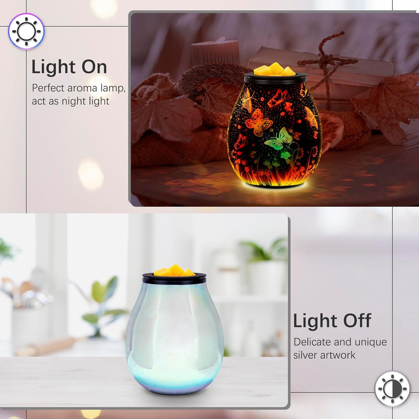 Wax Melt Warmer for Scented Wax- Glass Wax Melter for Home Fragrance with Removable Tray, Essential Oil Warmer Wax Cubes Burner Aroma Night Light for Home Office Bedroom Decor Gifts for Women