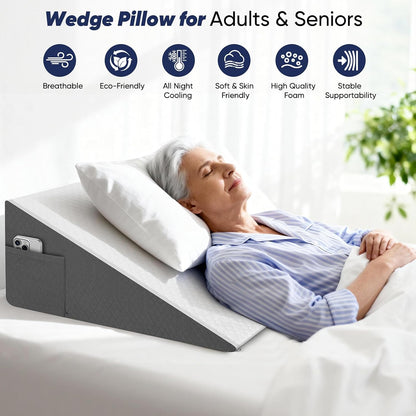 Bed Wedge Pillow for Sleeping & Resting, 8 inch Incline Pillow Wedge for Adults Seniors, Back Support and Leg Elevation, Cooling Memory Foam Top, Ideal for Couch, Bedroom & Living Room