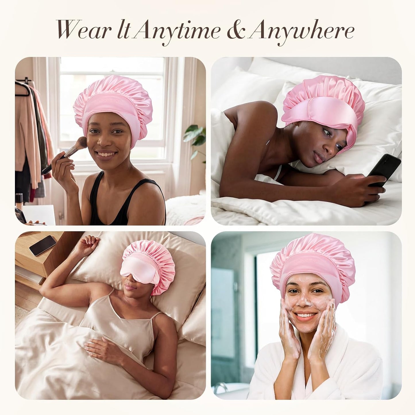 LC-dolida Satin Silk Bonnet for Sleeping Women Men, 2-in-1 Adjustable Hair Bonnet for Curly & Natural with Sleep Mask, Reduce Frizz, Lock in Moisture, Prevent Breakage and Tangles(Black)