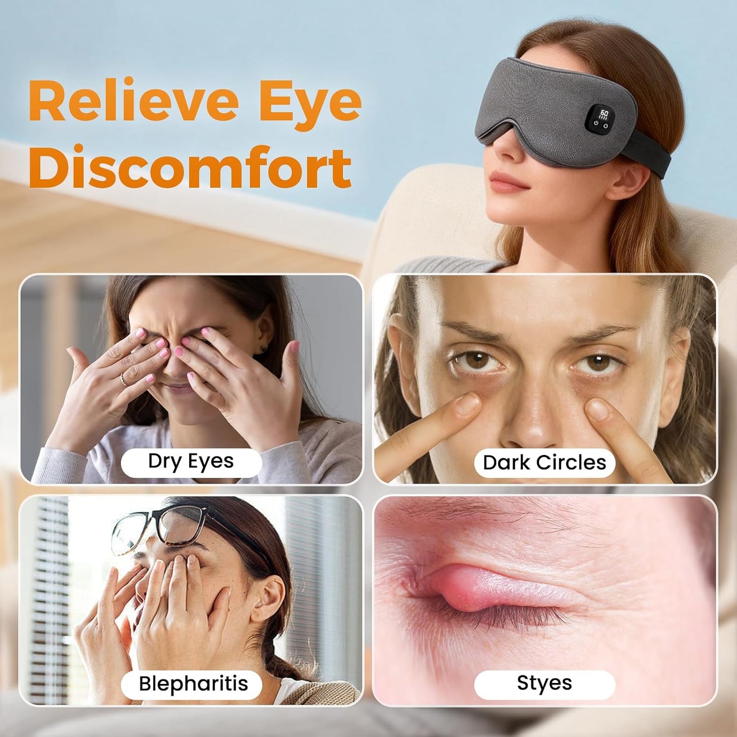 Heated Eye Mask, Warm Eye Compress for Dry Eyes, Blepharitis & Styes, Cordless Eye Heating Pad with 4 Temperature Modes & 4-Level Timer, 100% Cotton Cover, Portable Travel Eye Warmer(Dark Grey)