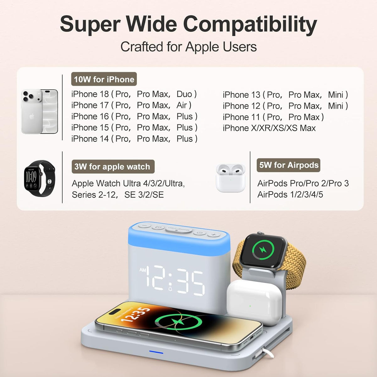 ANJANK Wireless Charging Station,5 in 1 Multiple Charger Stand with Alarm Clock,7 Night Light,Magnetic Charging Dock for iPhone 18 17 16 15 14 13 Pro Max Plus,Apple Watch 11/10/9/8,for Airpods,Bedroom