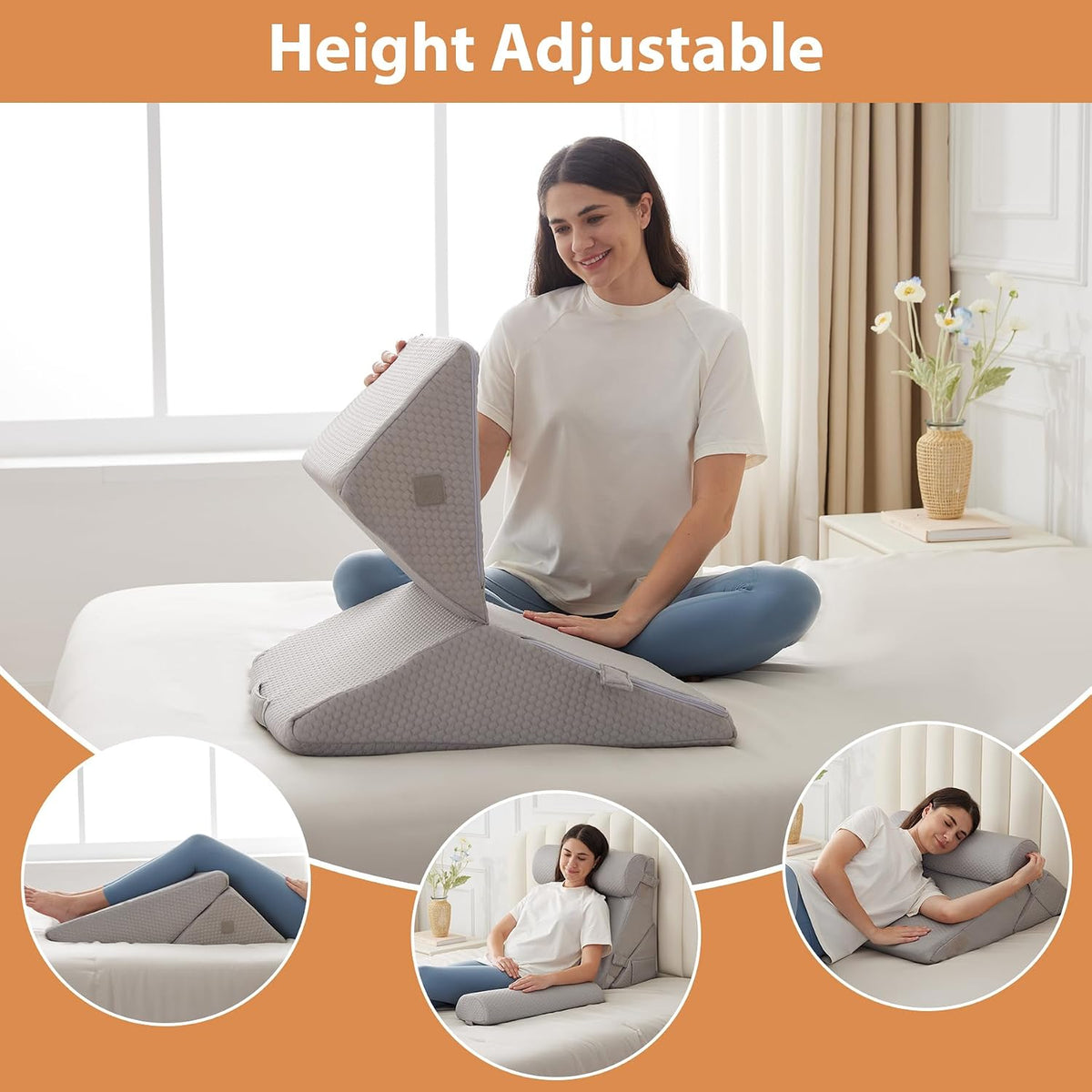 BIEEZZK Wedge Pillow Set for After Surgery, Wedge Pillow for Acid Reflux, Bed Wedge Pillow with Adjustable 9&12inch for Headboard,Sleeping, Orthopedic Memory Foam for Neck&Back Support, White/Grey
