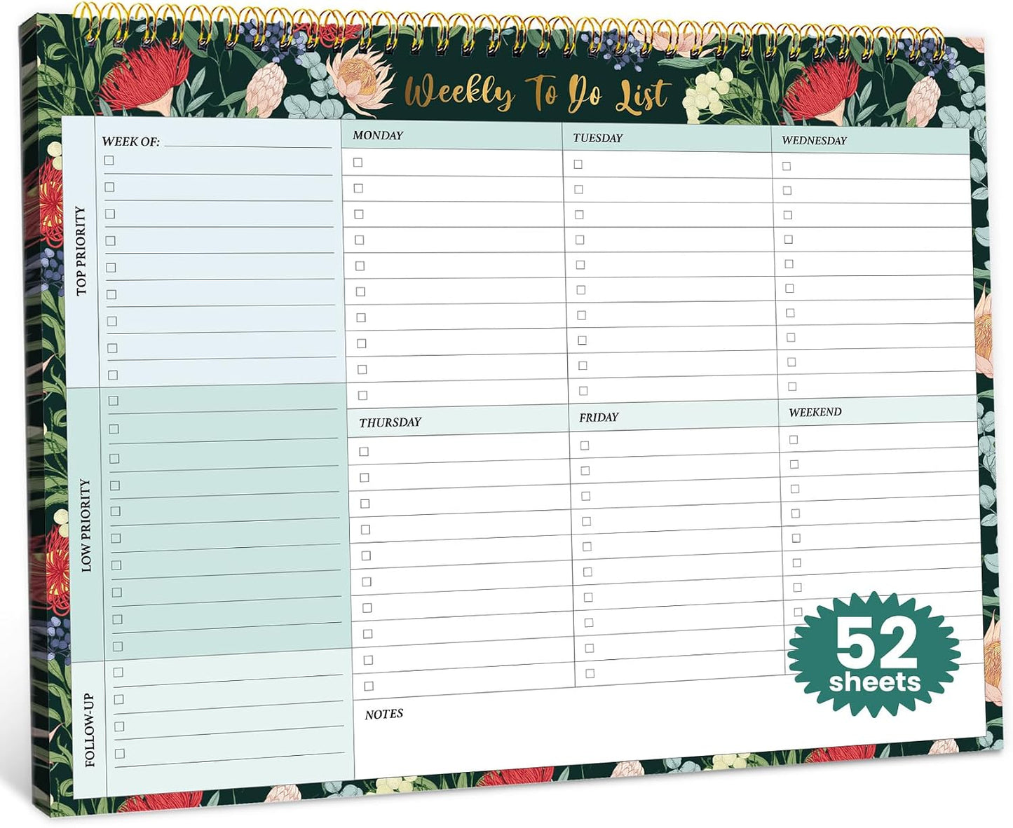 Weekly To Do List Notepad with 52 Undated Sheets（8.5"×11"）- Undated Weekly Planner Notepad for Office Desk Accessories and Supplies - Sunshine Petal