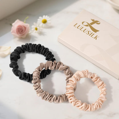 LULUSILK Small Silk Hair Ties No Damage, 100% Real Mulberry Silk, Skinny Scrunchies Ponytail Holders for Thin Fine Hair, Brown, Pack of 3