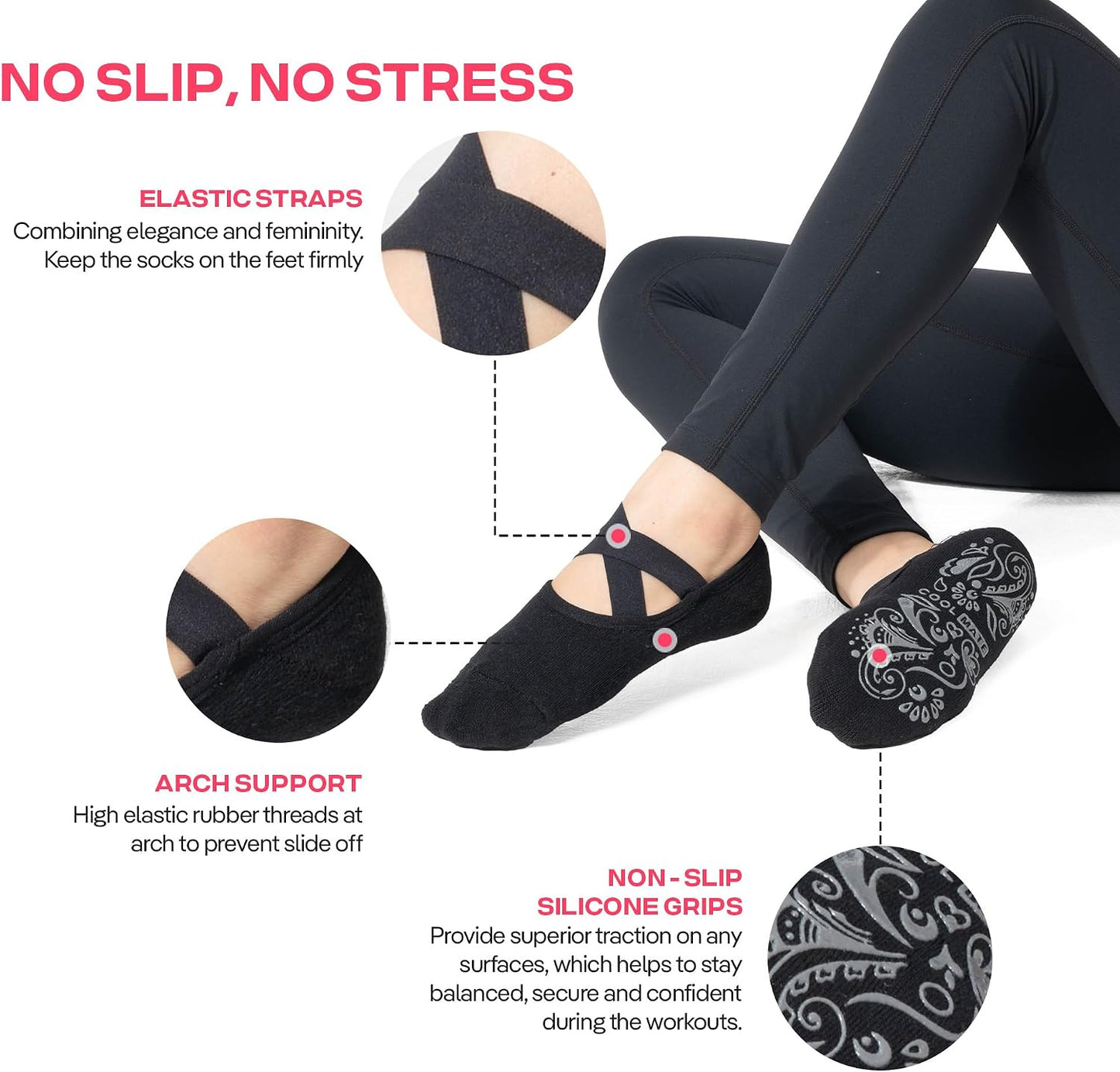 COOLMATE Pilates Socks with Grips for Women, Yoga Socks, Crew Non Slip Women for Barre, Pilates Gifts for Women - Colors B