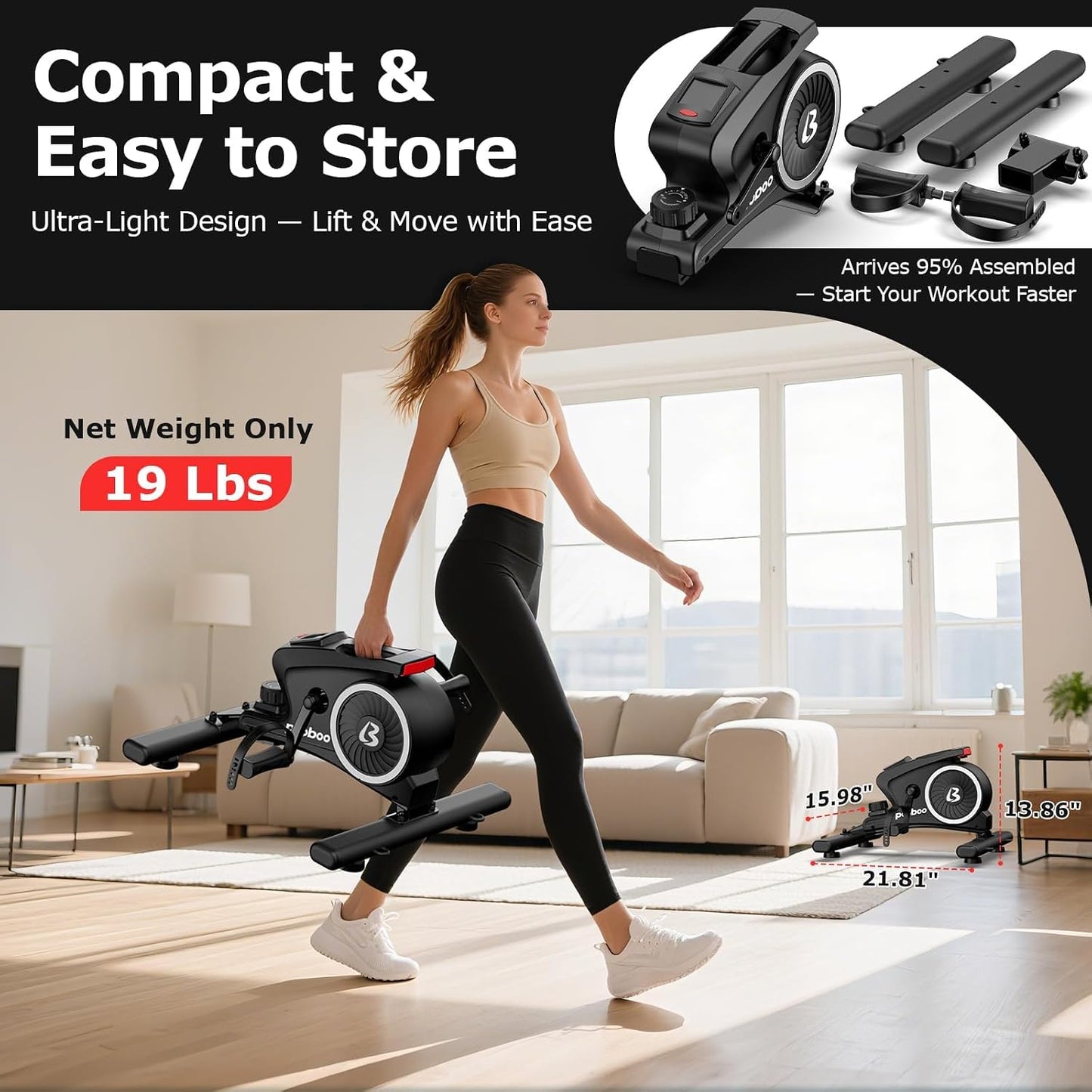 pooboo Under Desk Bike Pedal Exerciser, Quiet Magnetic Mini Exercise Bike with 16 Resistance Levels, Arm & Leg Workout, Resistance Bands & Non-Slip Mat for Home Office Therapy