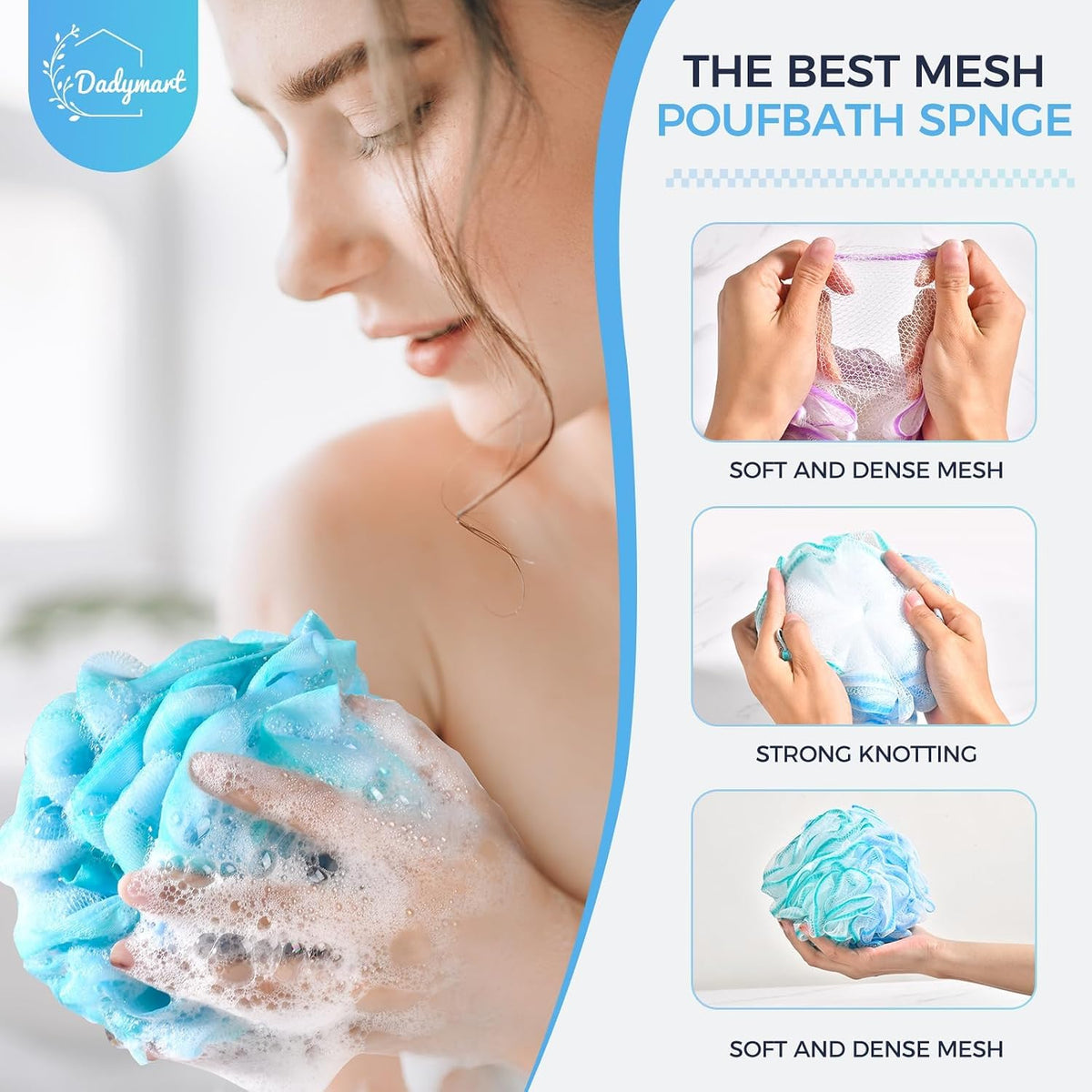 DadyMart Shower Loofah Sponge Pouf – XL Exfoliating Bath Puff Body Scrubber, Soft Mesh Shower Sponge with Reinforced Knot, Rich Lather, Set of 4 for Women and Men