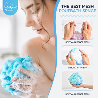 DadyMart Shower Loofah Sponge Pouf – XL Exfoliating Bath Puff Body Scrubber, Soft Mesh Shower Sponge with Reinforced Knot, Rich Lather, Set of 4 for Women and Men