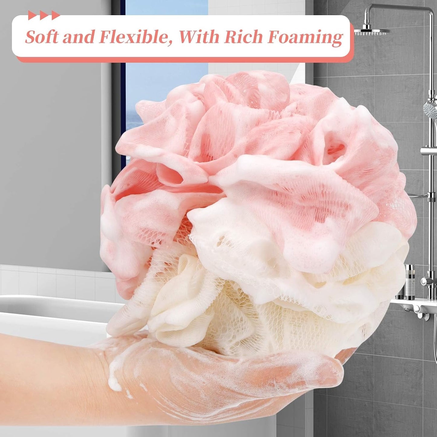 FARMOGA Bath Loofah Sponge Body Scrubber Shower Sponge Exfoliating Mesh Pouf Shower Ball Bath Sponges for Women and Men Bathing Accessories (4Pack 50G Colorful)