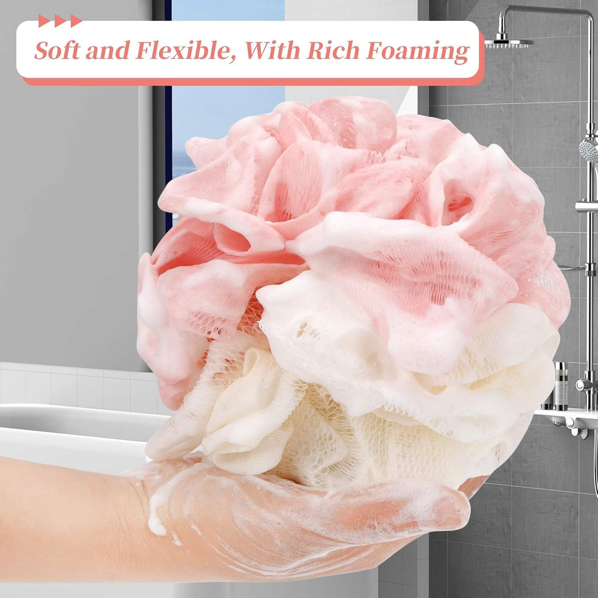 FARMOGA Bath Loofah Sponge Body Scrubber Shower Sponge Exfoliating Mesh Pouf Shower Ball Bath Sponges for Women and Men Bathing Accessories (4Pack 50G Colorful)