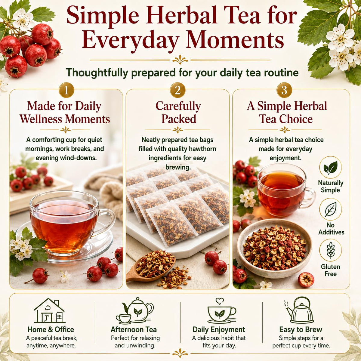 WOTIHA Hawthorn Berry Tea Bags, 65 Count - 100% Natural Dried Herbal Tea