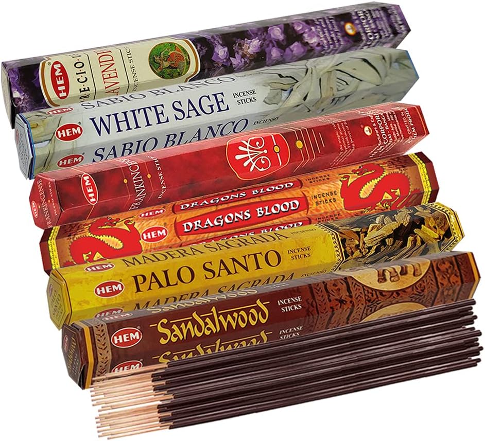 Hem Incense Sticks Variety Pack #23-120 Insence-Sticks (6 Incents x 20 Insense) + Incense Stick Holder with 6 Most Liked Scents Including Patchouli Dragons Blood White Sage Frankincense-Myrrh
