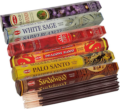Hem Incense Sticks Variety Pack #23-120 Insence-Sticks (6 Incents x 20 Insense) + Incense Stick Holder with 6 Most Liked Scents Including Patchouli Dragons Blood White Sage Frankincense-Myrrh