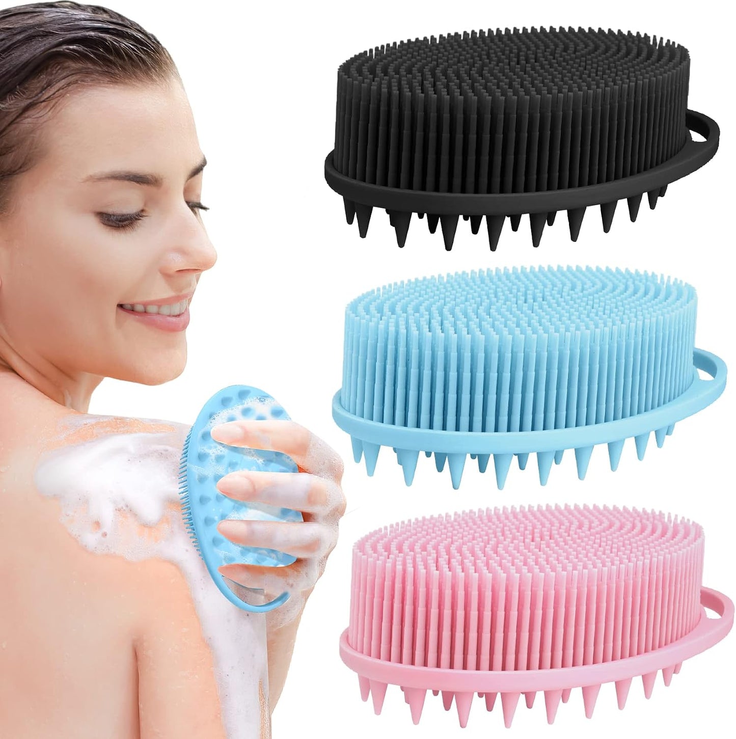 PQRUU 3 Pack Silicone Body Scrubber, Exfoliating Soft Loofah Bath Body Scrubbers for Use in Shower, Exfoliating Body Scrubber Fit for All Kinds of Skin, Rapid Foaming Black+Blue+Pink