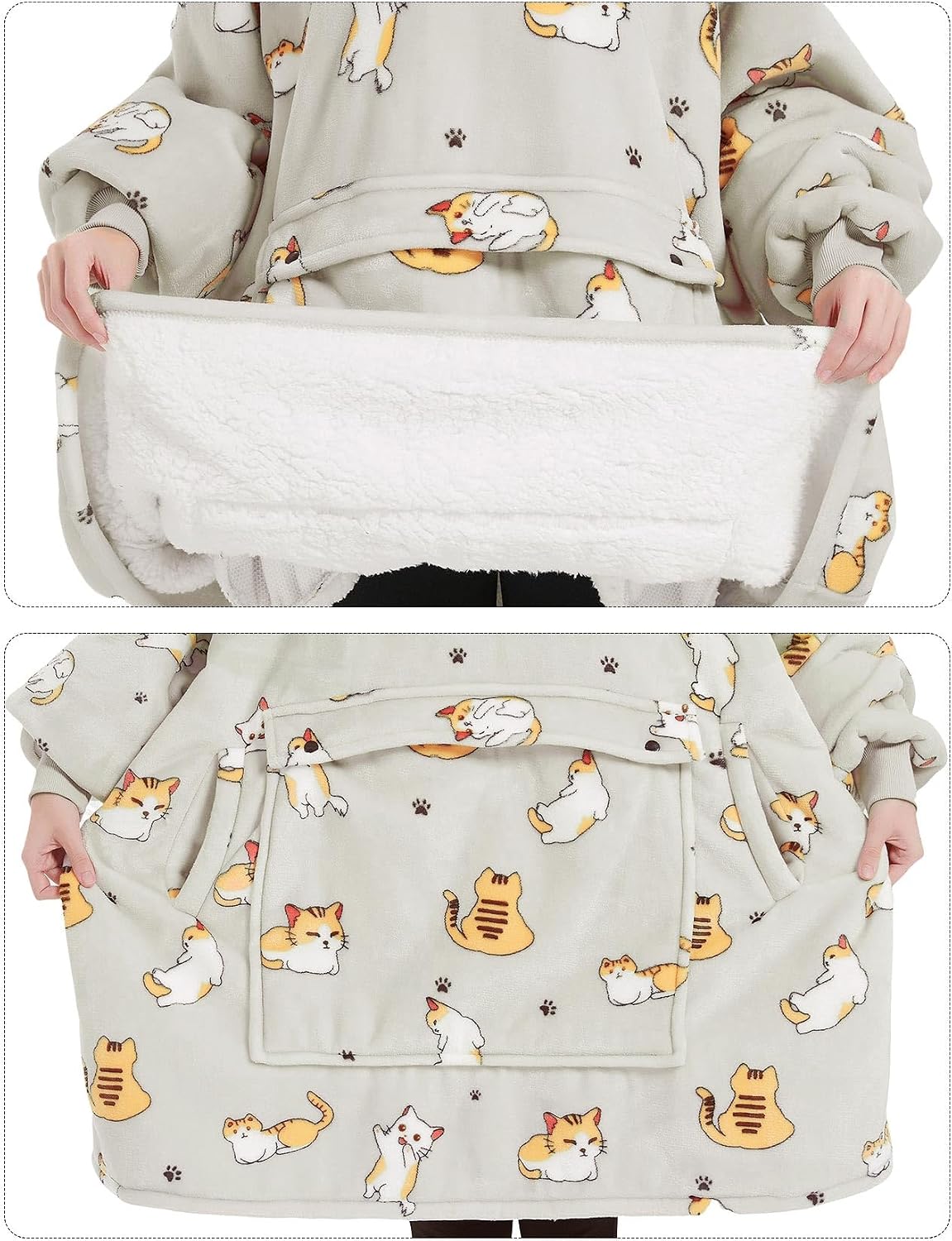 KFUBUO Wearable Blanket Hoodie for Adults Sherpa All Patterns Cat Oversized Sweatshirt Blanket with Pockets for Women