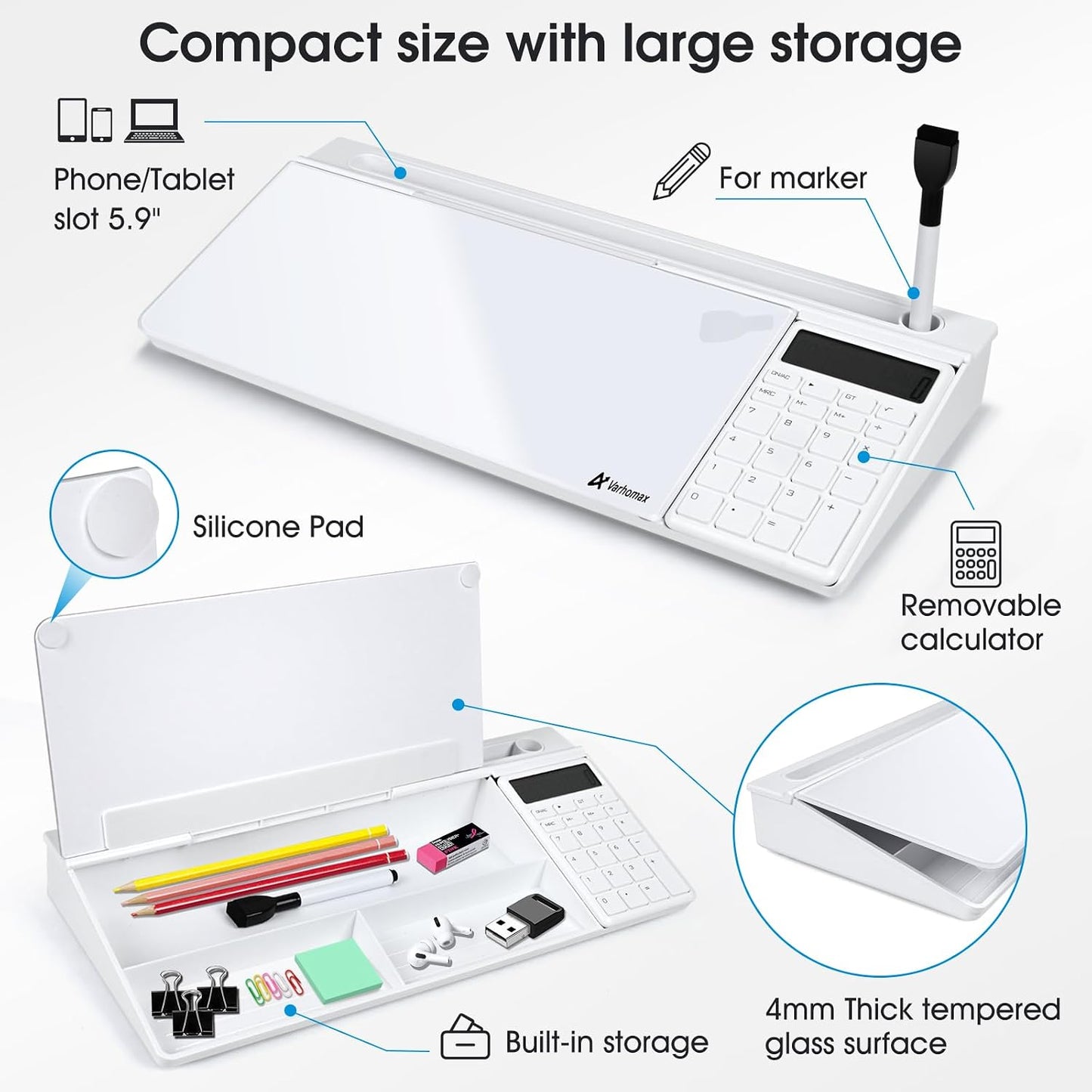 Varhomax Glass Weekly Dry Erase Desk White Board, Desktop to Do List Planner Whiteboard Calendar with Storage Caddy Memo for Home and Office, White