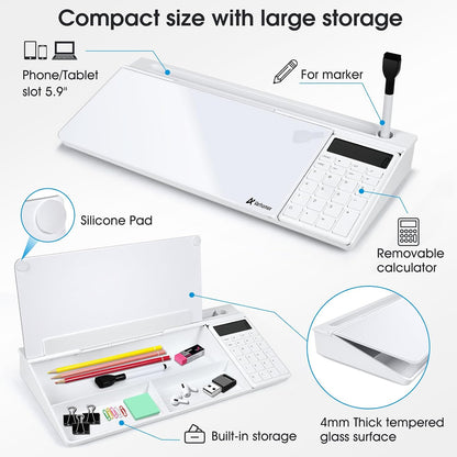 Varhomax Glass Weekly Dry Erase Desk White Board, Desktop to Do List Planner Whiteboard Calendar with Storage Caddy Memo for Home and Office, White