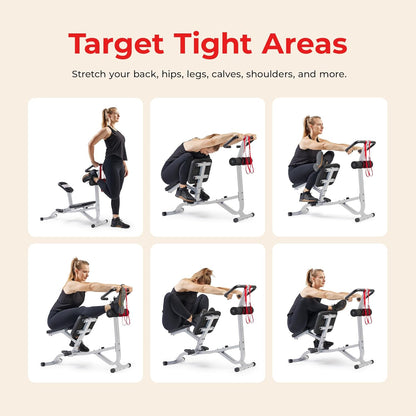 Sunny Health & Fitness Full Body Stretch Machine for Home Gym, Back Stretcher & Flexibility Trainer with Pivoting Seat, Foam Rollers, Safety Straps, Handlebar & SunnyFit App