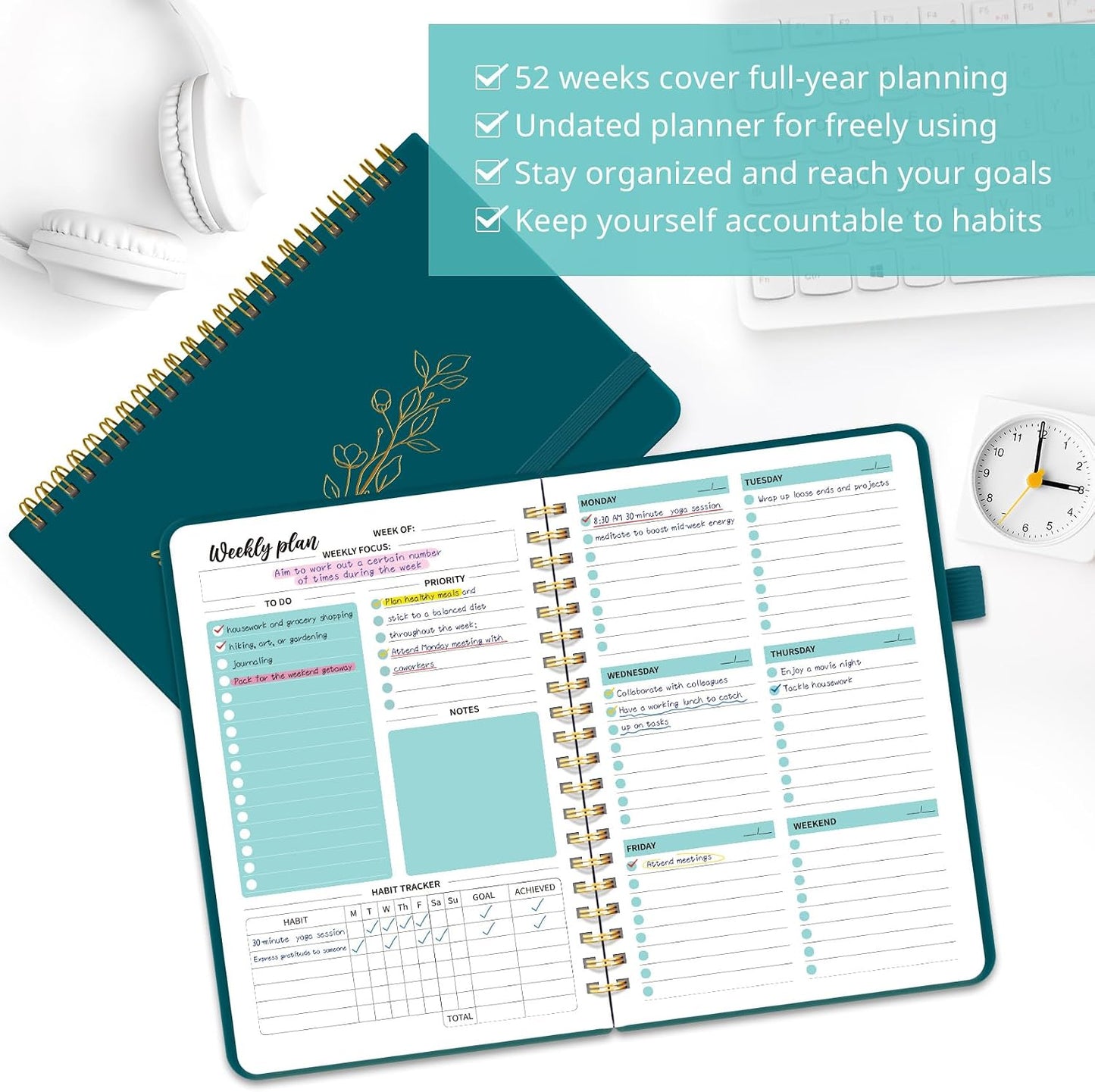 Taja Undated Weekly Planner, Weekly To Do List Notebook with Goal & Habit Tracker Organizer, A5 Weekly Planner Notebook with Spiral Binding, 6.1" x 8.2" - Green