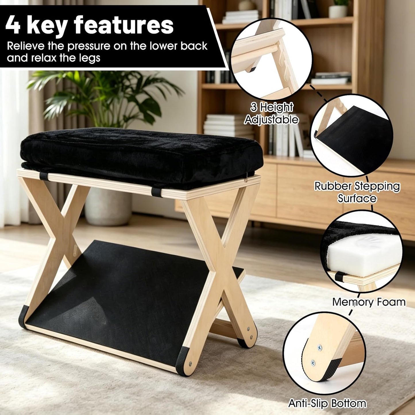 Adjustable Height Foot Rest Under Desk at Work, Comfortable Memory Foam Office Foot Stool, Non-Slip EVA Surface for Posture Support, Leg Relief, Home Office & Gaming