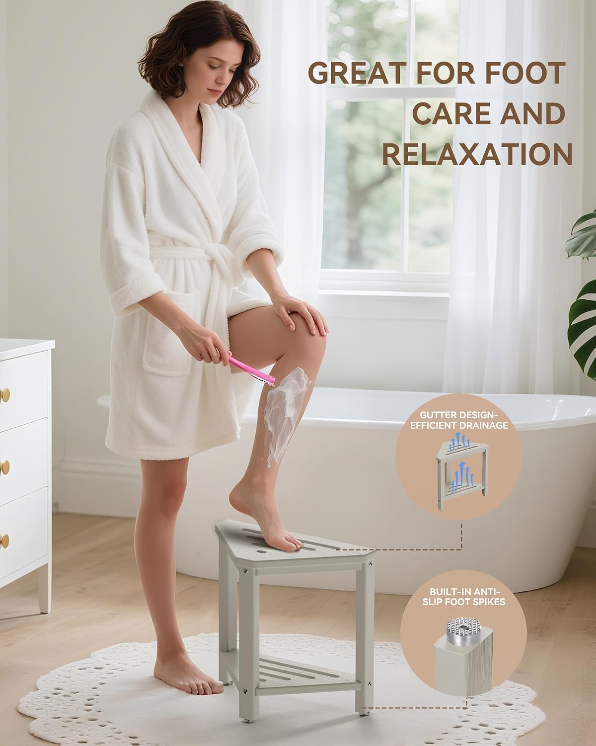Shower Foot Rest 15in, HDPE Waterproof Shower Stool for Inside Shower, Corner Shower Stool for Shaving Legs with Storage Shelf for Small Space, Shower Step Stool, Plastic Corner Shower Bench, White