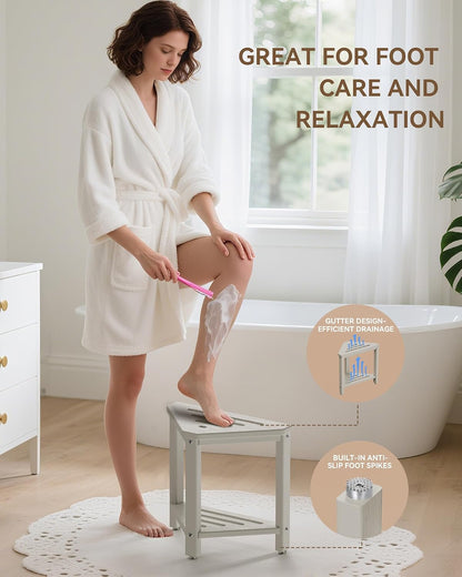 Shower Foot Rest 15in, HDPE Waterproof Shower Stool for Inside Shower, Corner Shower Stool for Shaving Legs with Storage Shelf for Small Space, Shower Step Stool, Plastic Corner Shower Bench, White