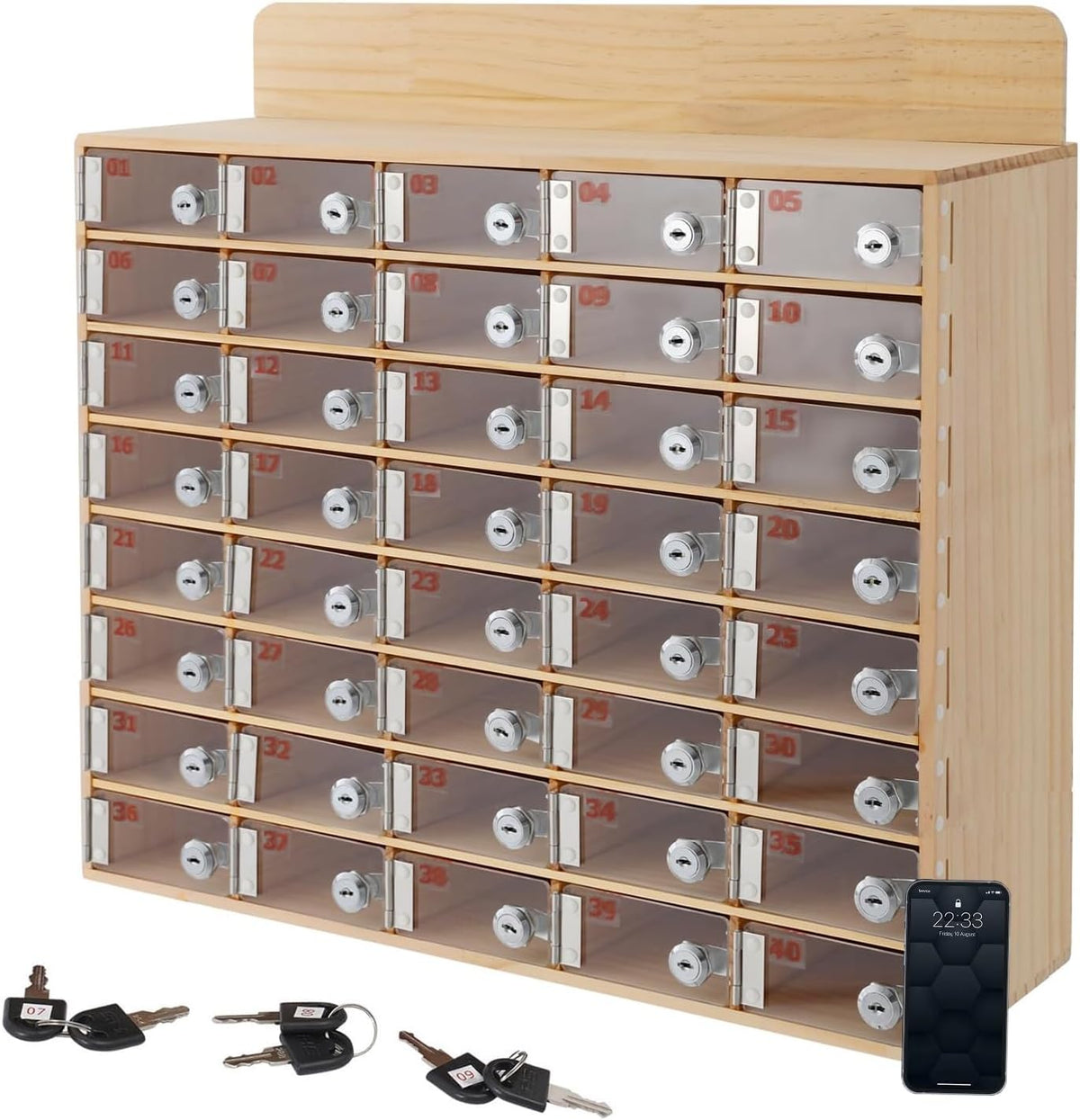 Wooden Mobile Phone Charging Station with 40 Slots - Wallmounted Or Standalone Acrylic Nizer with Key Lock for Office Classroom Gym - Secure Device Storage Solution,40 Slots