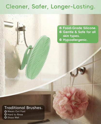 2 Pack Soft Silicone Shower Brush, Body & Face & Short Hair Wash, Bath Exfoliating Skin Massage Scrubber, Dry Skin Brushing Glove Loofah, Fit for Sensitive and All Kinds of Skin (PeonyPink+Green)