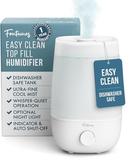Fontaines Luxury Top-Fill Humidifiers for Bedroom, Cool Mist 360° Ultra-Fine Spray, Whisper-Quiet, Dishwasher-Safe Tank, Nightlight & Auto Shut-Off, Easy Clean Baby Nursery