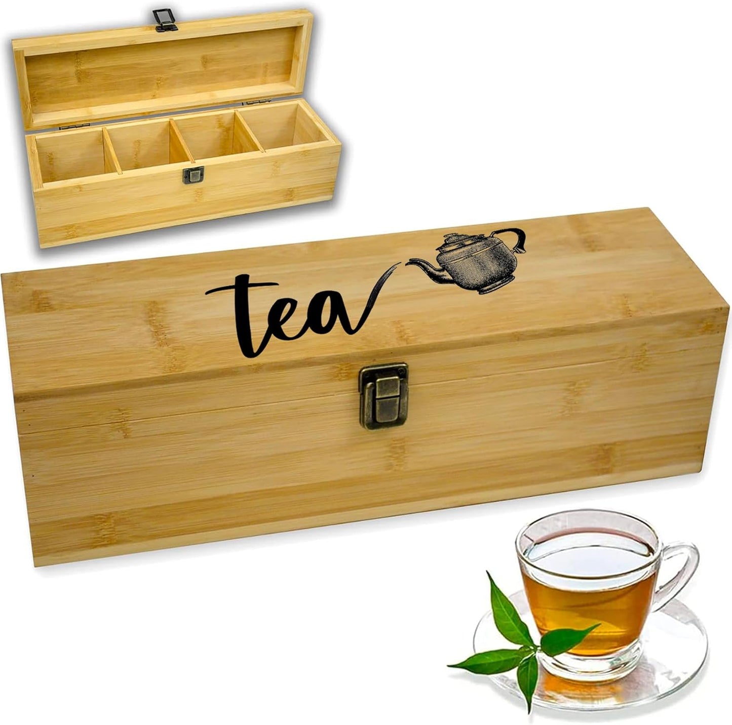 Tea Organizer Box Food Safe Chemical Free Bamboo Wood Storage Chest Big, Tall, Adjustable Cubbies (8-Slot 14.3" x 8.1" x 4.2" with TEA print design)