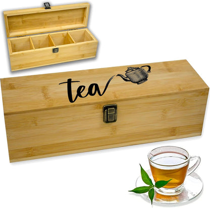 Tea Organizer Box Food Safe Chemical Free Bamboo Wood Storage Chest Big, Tall, Adjustable Cubbies (8-Slot 14.3" x 8.1" x 4.2" with TEA print design)