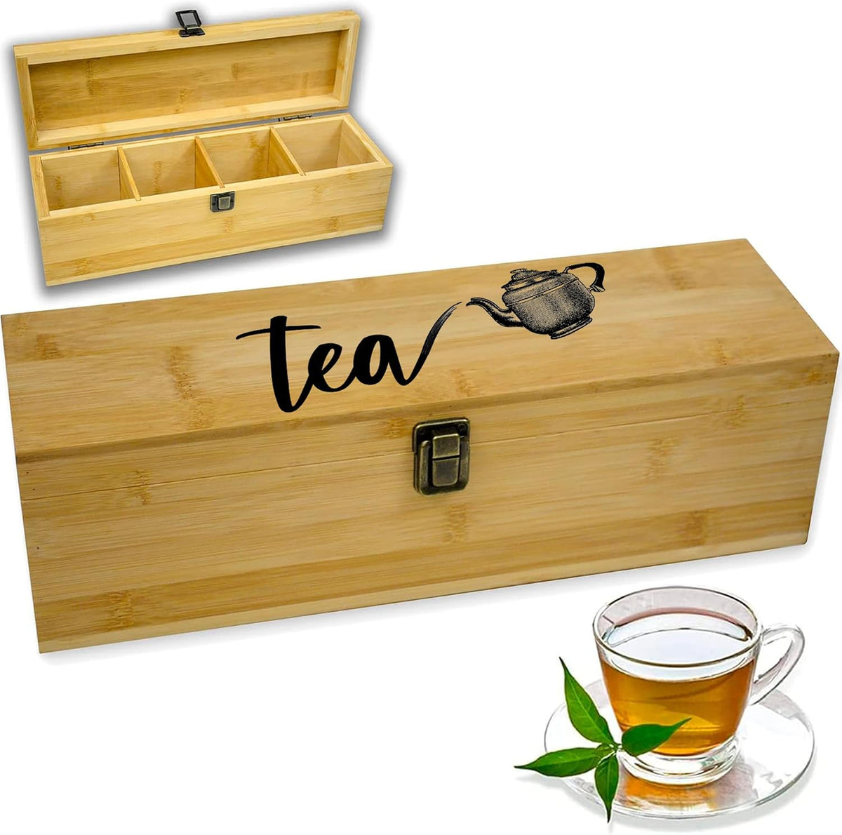 Tea Organizer Box Food Safe Chemical Free Bamboo Wood Storage Chest Big, Tall, Adjustable Cubbies (8-Slot 14.3" x 8.1" x 4.2" with TEA print design)