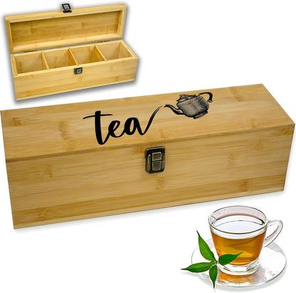 Tea Organizer Box Food Safe Chemical Free Bamboo Wood Storage Chest Big, Tall, Adjustable Cubbies (8-Slot 14.3" x 8.1" x 4.2" with TEA print design)