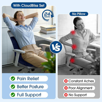 CloudBliss Ergonomic Seat Cushion & Lumbar Support Pillow Set, Black,Large