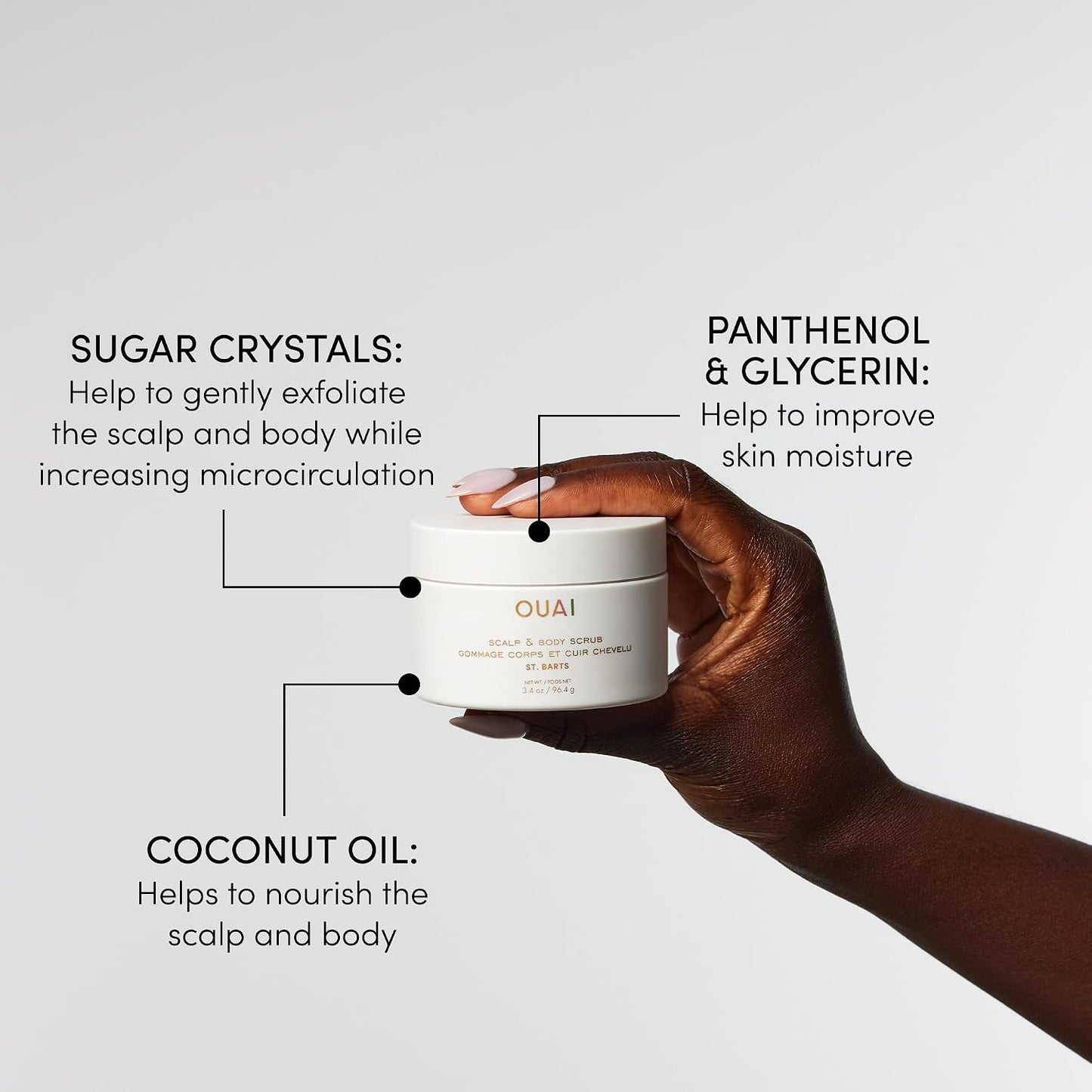 OUAI Scalp & Body Scrub, St. Barts - Exfoliating Body Scrub with Sugar & Coconut Oil Blend for Smooth, Moisturized Skin - Gentle Scalp Exfoliator for Removing Product Build Up (8.8 Oz)