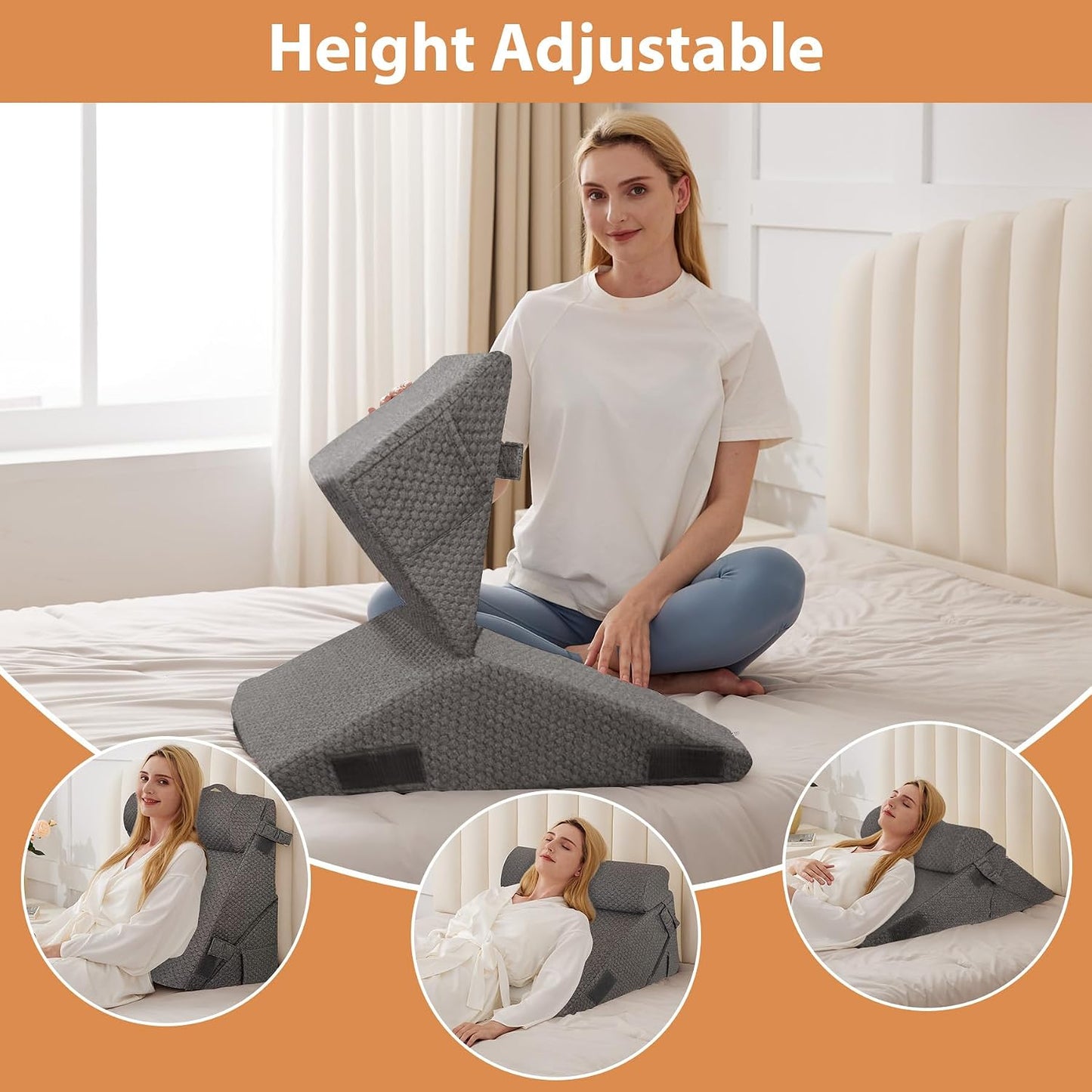 BIEEZZK Wedge Pillow Set for After Surgery, Wedge Pillow for Acid Reflux, Bed Wedge Pillow with Adjustable 9&12inch for Headboard,Sleeping, Orthopedic Memory Foam for Neck&Back Support, White/Grey