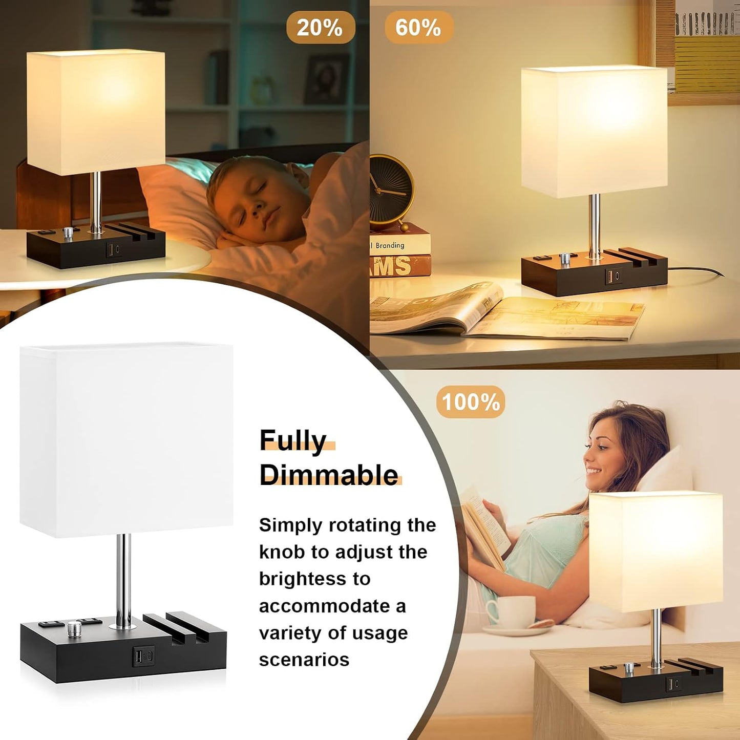 Kakanuo Fully Dimmable Nightstand Lamp for Bedroom with USB C Ports, Grey Small Bedside Table Lamp with Charging Outlets and Phone Stands, Wooden Desk Lamp for Living Room, LED Bulb Included