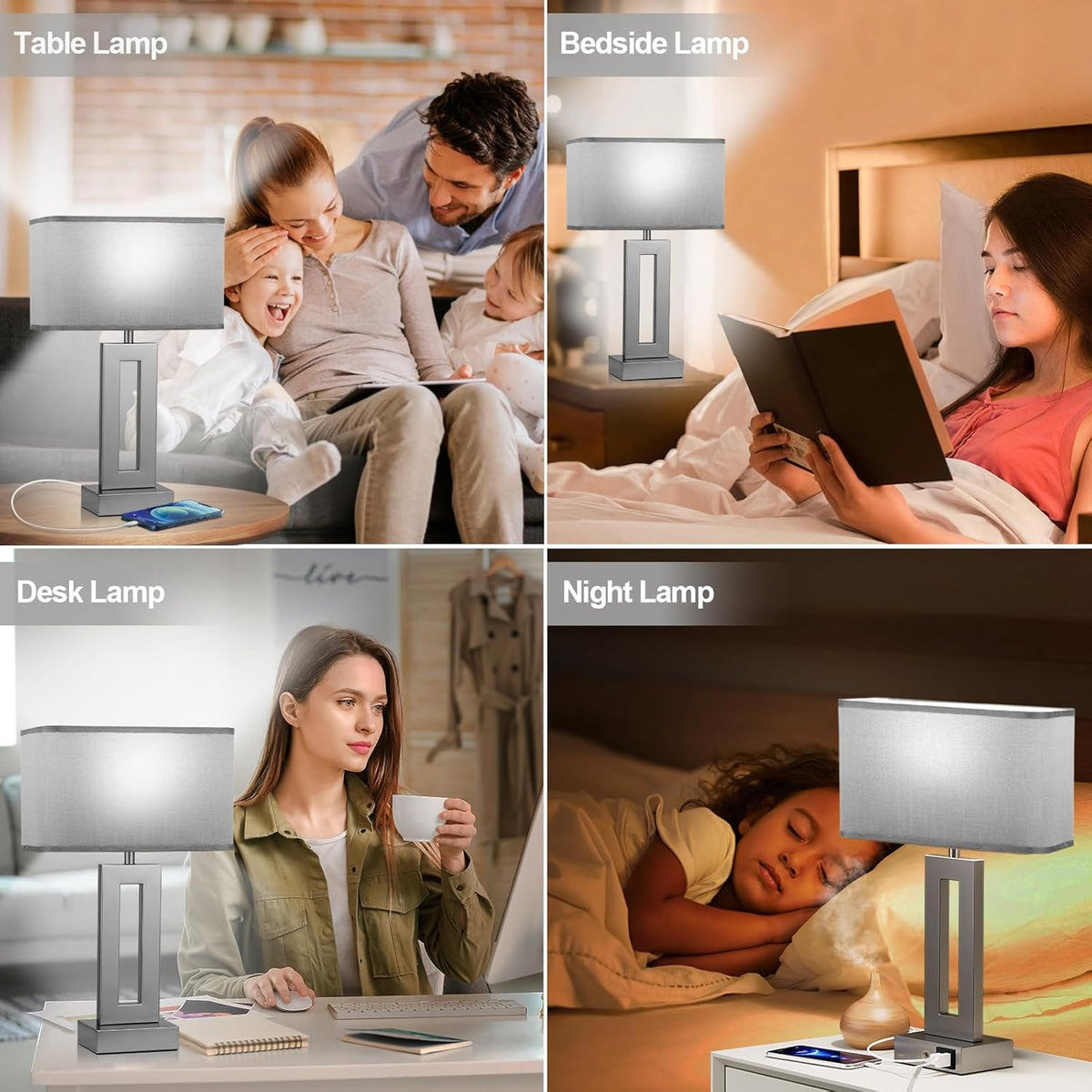 Gold Table Lamps Set of 2, 16.4" Bedside Lamps for Nightstand with USB C+A